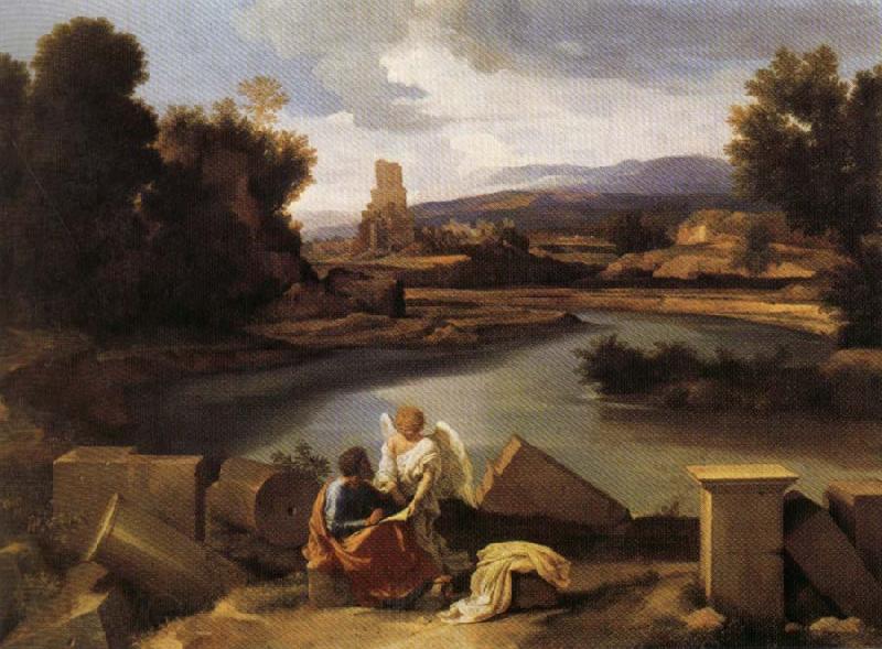 POUSSIN, Nicolas Landscape with Saint Matthew and the Angel Norge oil painting art